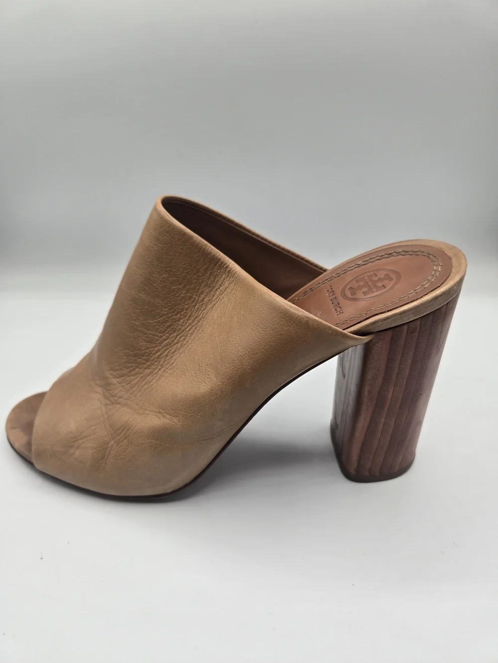 Tory Burch Tan Leather Peep Toe Mule Sandals Wooden Block Heel Size 8